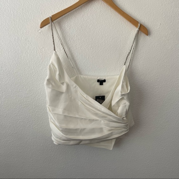 NBD Julina Crystal Embellished Top in Ivory & Silver Wrap Style Pleated Size L - Picture 2 of 14